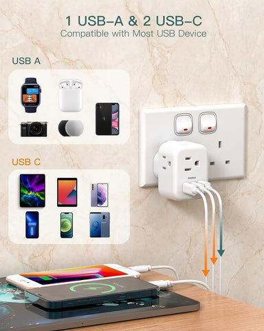 Addtam US to UK Travel Plug Adapter with3 Outlets 3 USB Ports(2 USB C)