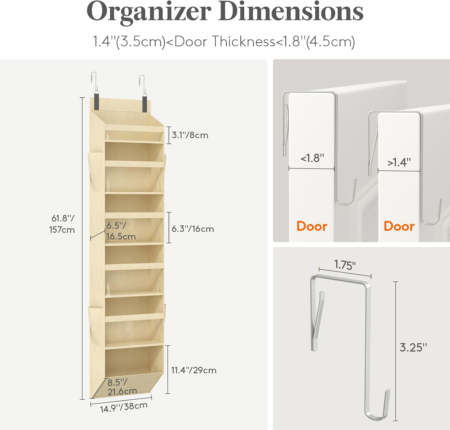 Lifewit 1 Pack Over the Door Organizer, 6 Section Hanging Storage, Beige