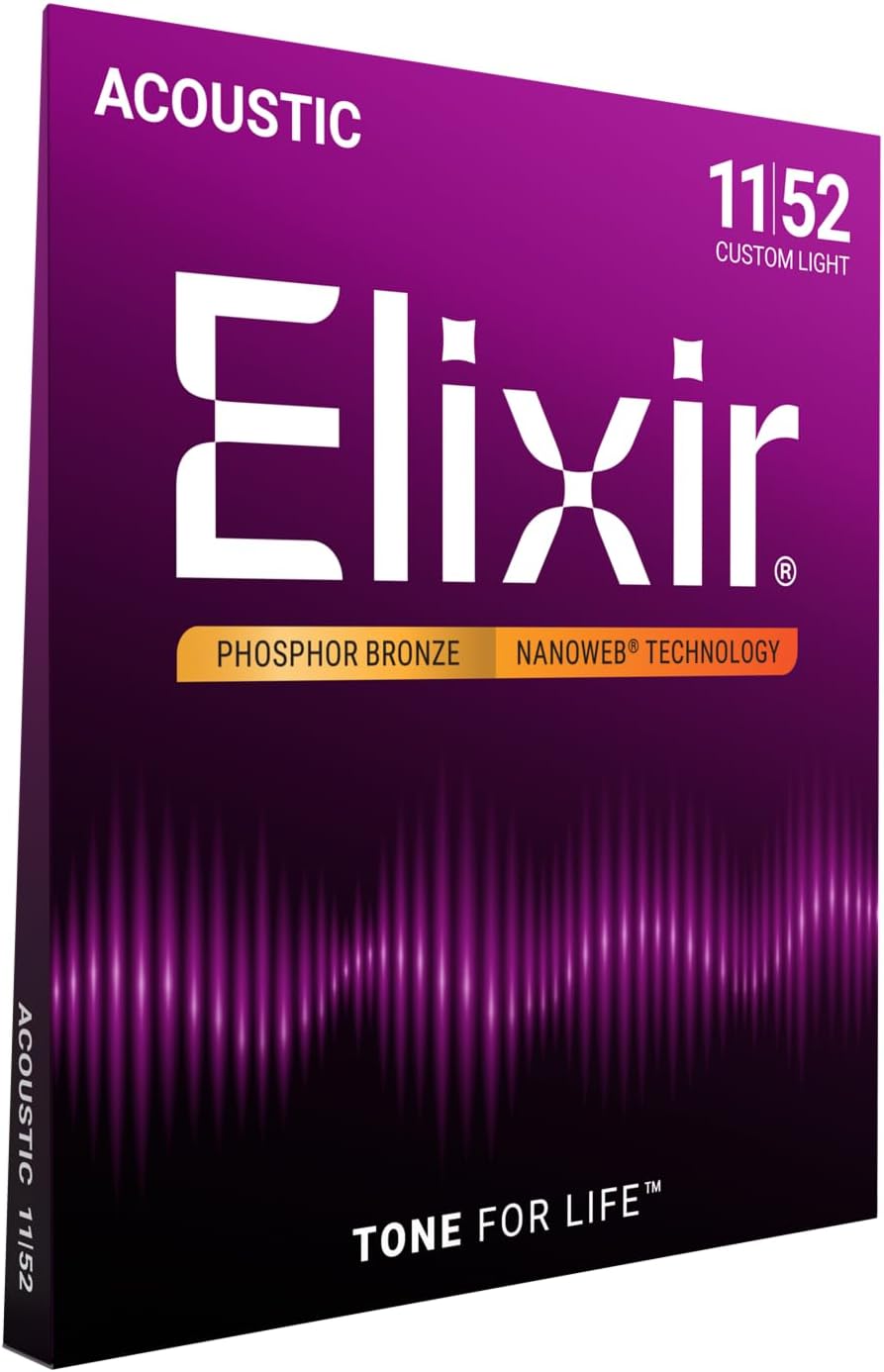 Elixir Strings, Acoustic Guitar Strings, Phosphor Bronze with NANOWEB Technology, Longest-Lasting Rich and Full Tone For Life with Comfortable Feel, 6 String Set, Custom Light 11-52