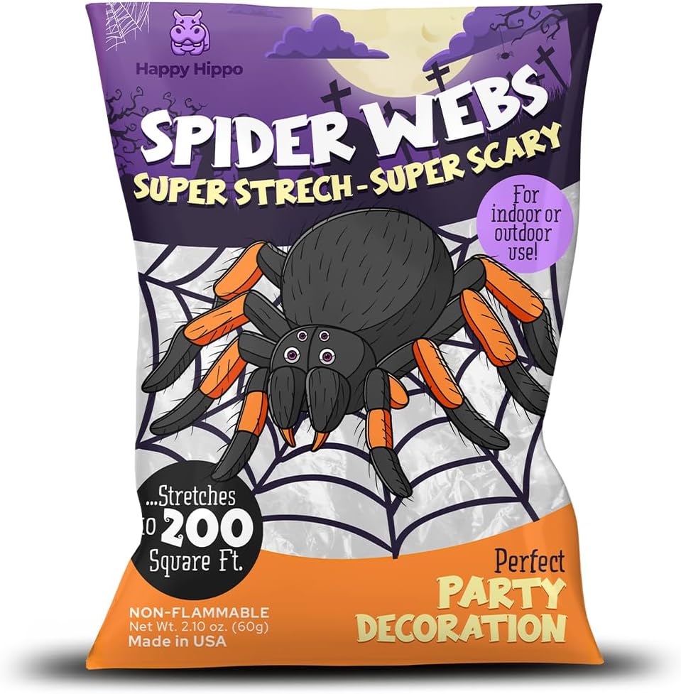 Happy Hippo Halloween Spider Web Decoration, 200 Square Feet & Plastic Spiders, Halloween Party Supplies, Spider Webs (Small, 200 Sq Feet) (8 Fake Spiders Included)