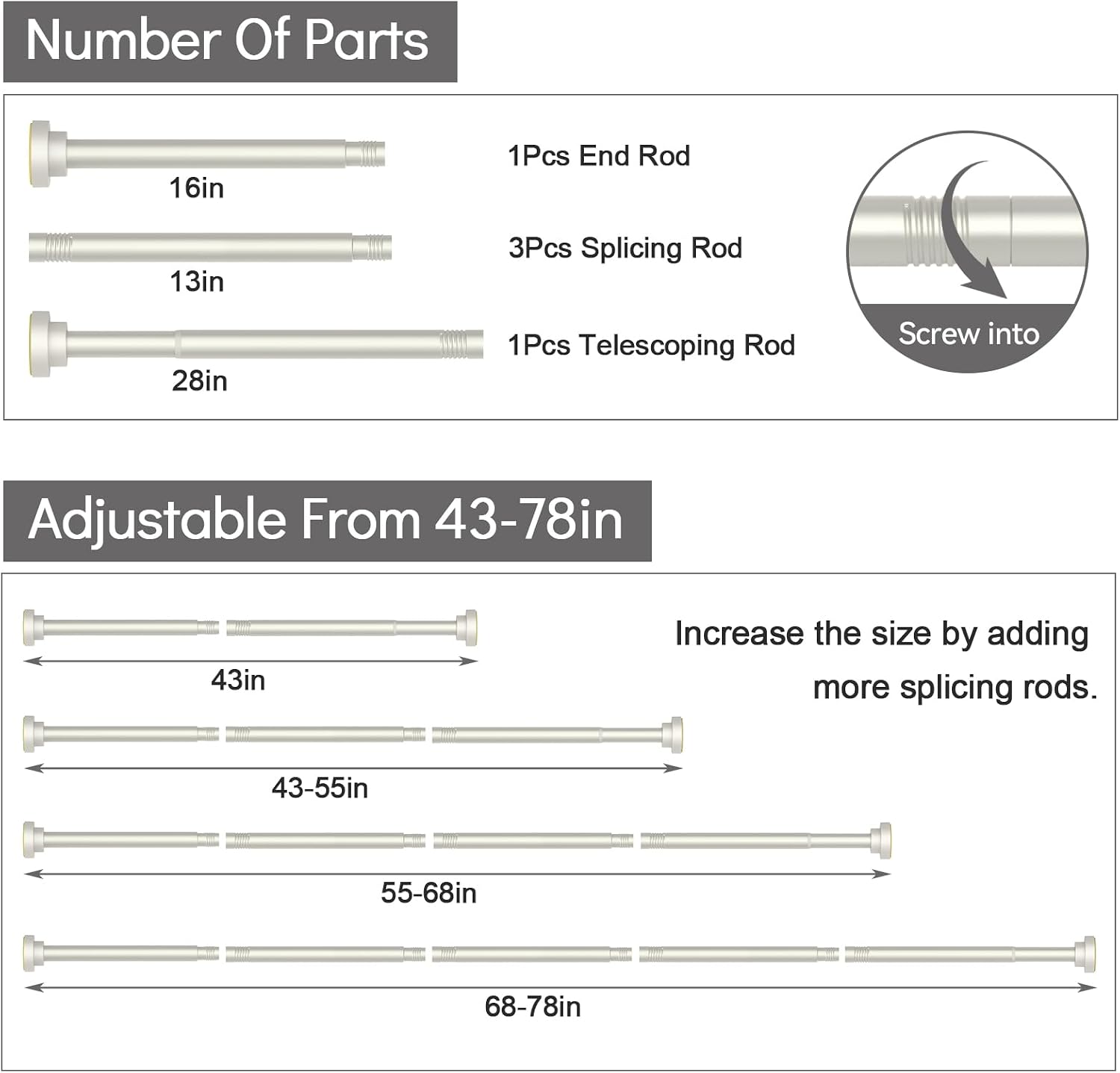 Thestoa Brushed Nickel Shower Curtain Rod Adjustable 43-78 inch, 1"Diameter Spring Tension Curtain Rod No Drill, Anti-Rust Non-Slip Shower Rod for Bathroom Tension Rod