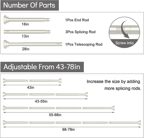 Thestoa Brushed Nickel Shower Curtain Rod Adjustable 43-78 inch, 1"Diameter Spring Tension Curtain Rod No Drill, Anti-Rust Non-Slip Shower Rod for Bathroom Tension Rod