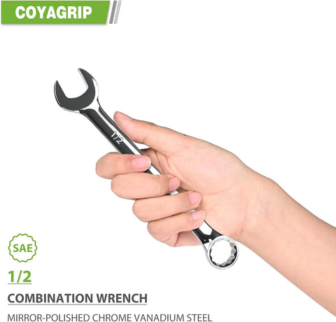 1/2 Wrench, Industrial Grade Spanner, Combination Wrenches SAE with 12-Point Box End, 15-Degree Offset, 1/2 Wrenches Chrome Vanadium Steel Mirror Polished