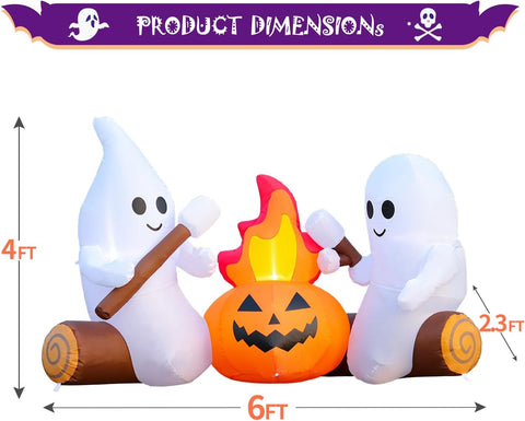 DomKom 6FT Halloween Inflatable Blow Up Decorations, Cute Ghosts Roasting Marshmallows Over Campfire, Built-in LEDs for Holiday Party, Garden, Lawn, Yard, Patio Décor