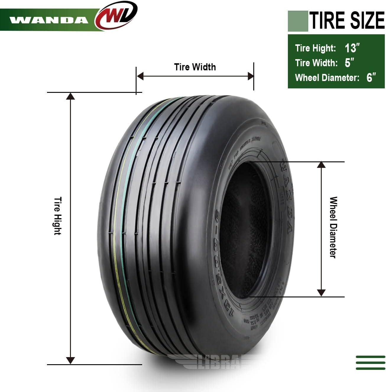 WANDA Set 2 13x5.00-6 Rib Lawn Mower Cart Turf Tires 13x5x6 /4 ply - 13080