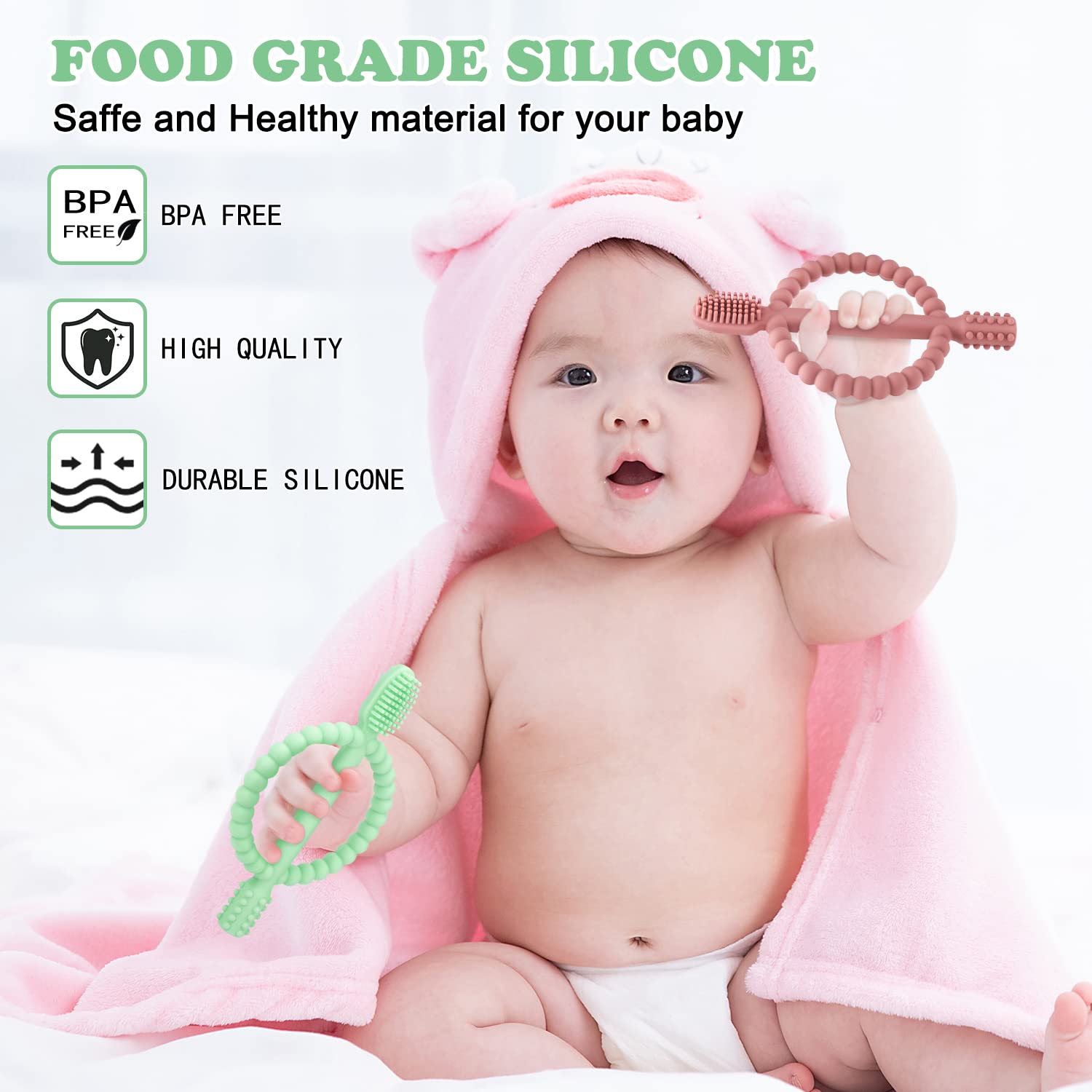 MISSLILI Baby Teething Toys with Easy-Hold Handle, Infant Toothbrush