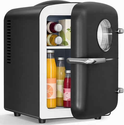 Kismile 4L Mini Fridge 6 Can Clear Glass View Beverage Cooler, Glossy Black