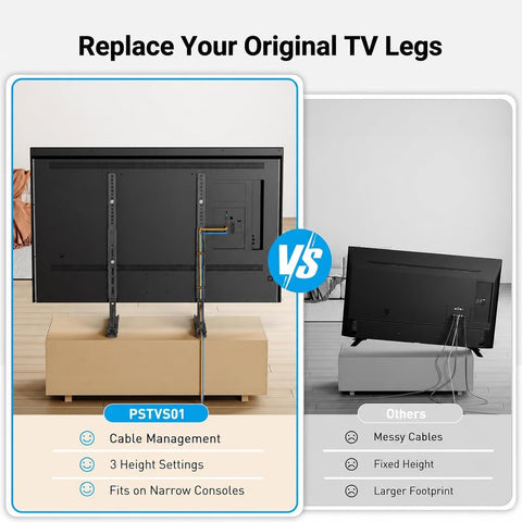 PERLESMITH Universal TV Stand Mount for 20-75 Inch TVs, Height Adjustable Table Top TV Stand, Great Load-Bearing Replacement TV Legs with Steel Holds up to 110lbs, Max VESA 800 x 600mm PSTVS01