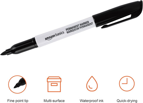 Amazon Basics Fine Tip Permanent Markers for Writing, Drawing, Quick Drying, Office, School, and Home Use, Black, 24 Pack