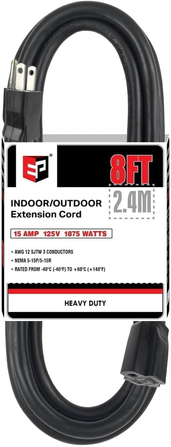 EP 8 Ft Heavy Duty Outdoor Extension Cord, 12/3 SJTW Black 3-Prong