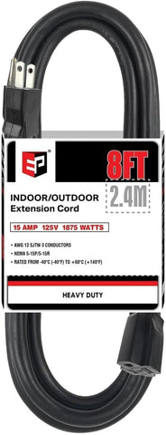 EP 8 Ft Heavy Duty Outdoor Extension Cord, 12/3 SJTW Black 3-Prong