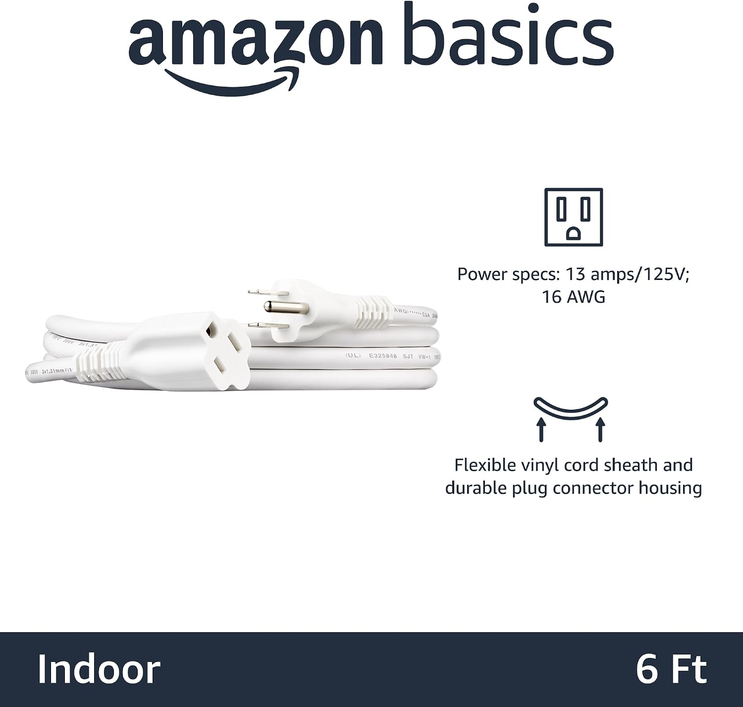 Amazon Basics Extension Cord, 3 Prong Outlet Extender, Indoor, 13 Amps, 125V, 6 Ft, White