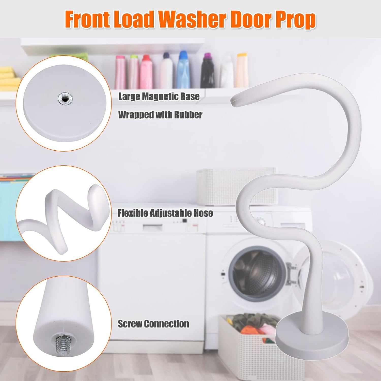 Front Load Washer Door Prop and Stopper - Magnetic Washing Machine Door Holder with 2.6-Inch Magnet Base, Removable Washer Door Stopper Keep Washer Door Open to Prevent Odors (White)