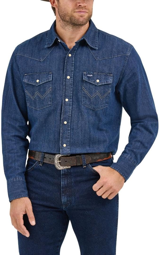 Wrangler Men's Cowboy Cut Western Long Sleeve Snap Work Shirt Washed Finish