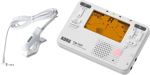Korg TM-70C Tuner and Metronome w/ Contact Mic, Sound Out Mode, Transpose Mode, and Chromatic Mode - White