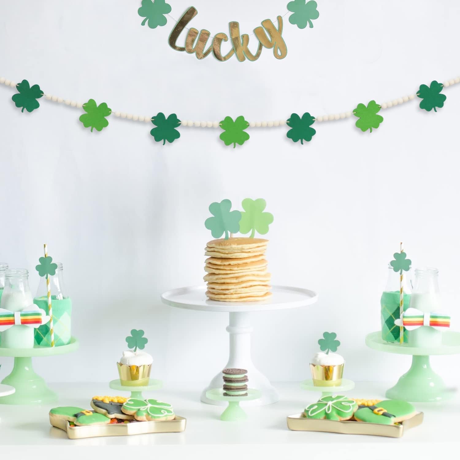 DAZONGE St. Patrick's Day Decorations, Wood Bead Shamrock Garland for St. Patrick's Day Decor, Lucky Felt Shamrock Garland for Mantel Wall Decor