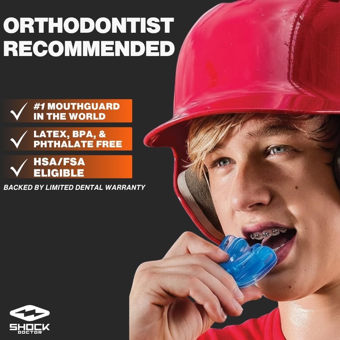 Shock Doctor Mouth Guard for Braces, Upper Teeth Protection, Instant Fit, Adult & Youth Sizes