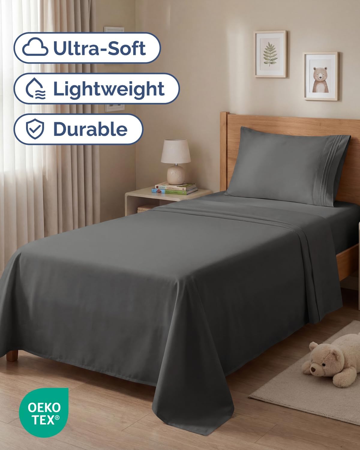 Twin Size 3 Piece Sheet Set - Comfy Breathable & Cooling Sheets - Charcoal