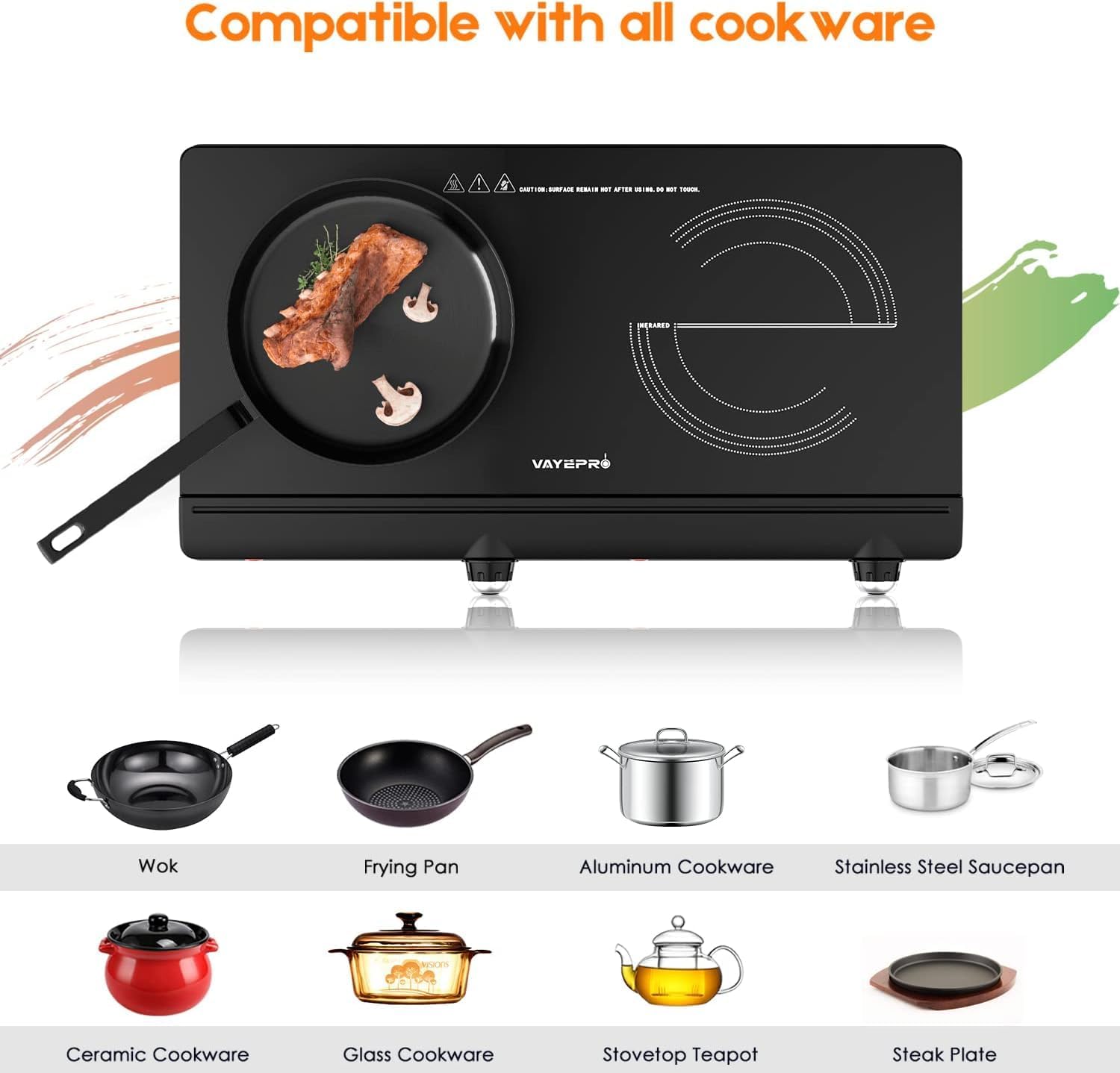 Infrared Double Burner Electric Cooktop, 1800W Portable Electric Stove, 2 Burner Countertop Cooktop for Dorm, Works with Most Cookware