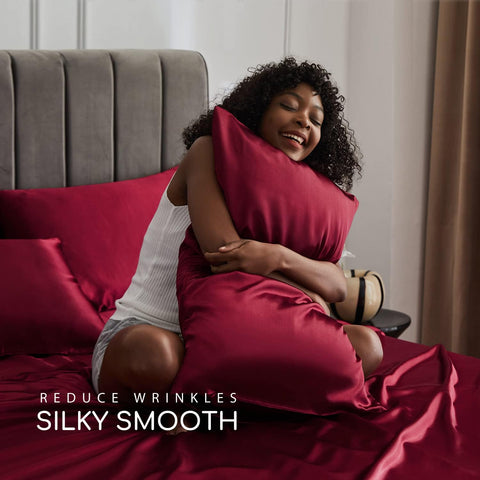 MR&HM Satin Sheets Twin Size with Elastic Corner Straps, Burgundy