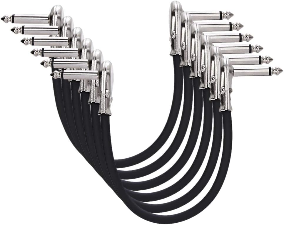 Amazon Basics 1/4 Inch Right-Angle Guitar Patch Cable for Pedal Board and Effect Pedals, 6 in, 6-Pack, Black