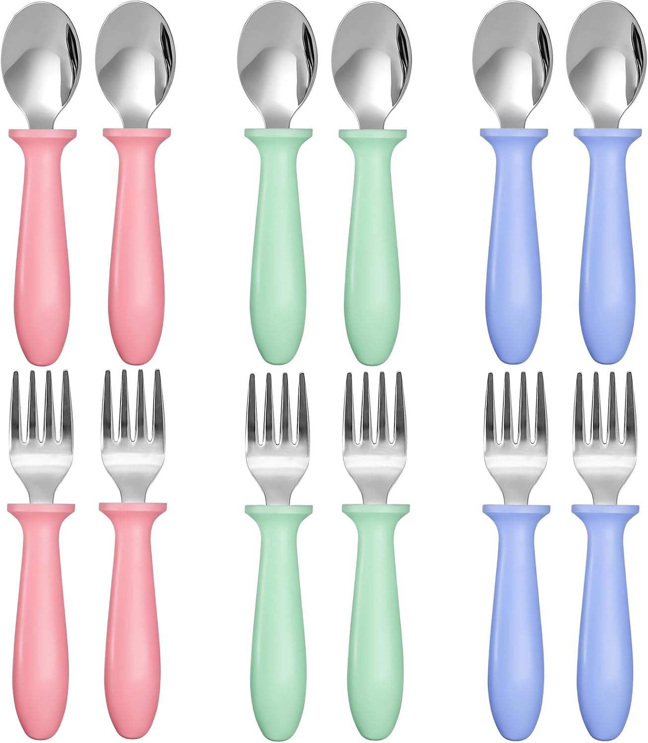 Toddler Flatware Sets 12 Piece Dark Kids Forks and Spoons Stainless Steel Utensils with Easy Grip Handles for Self Feeding Baby Children Boys Girls