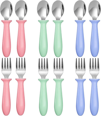 Toddler Flatware Sets 12 Piece Dark Kids Forks and Spoons Stainless Steel Utensils with Easy Grip Handles for Self Feeding Baby Children Boys Girls