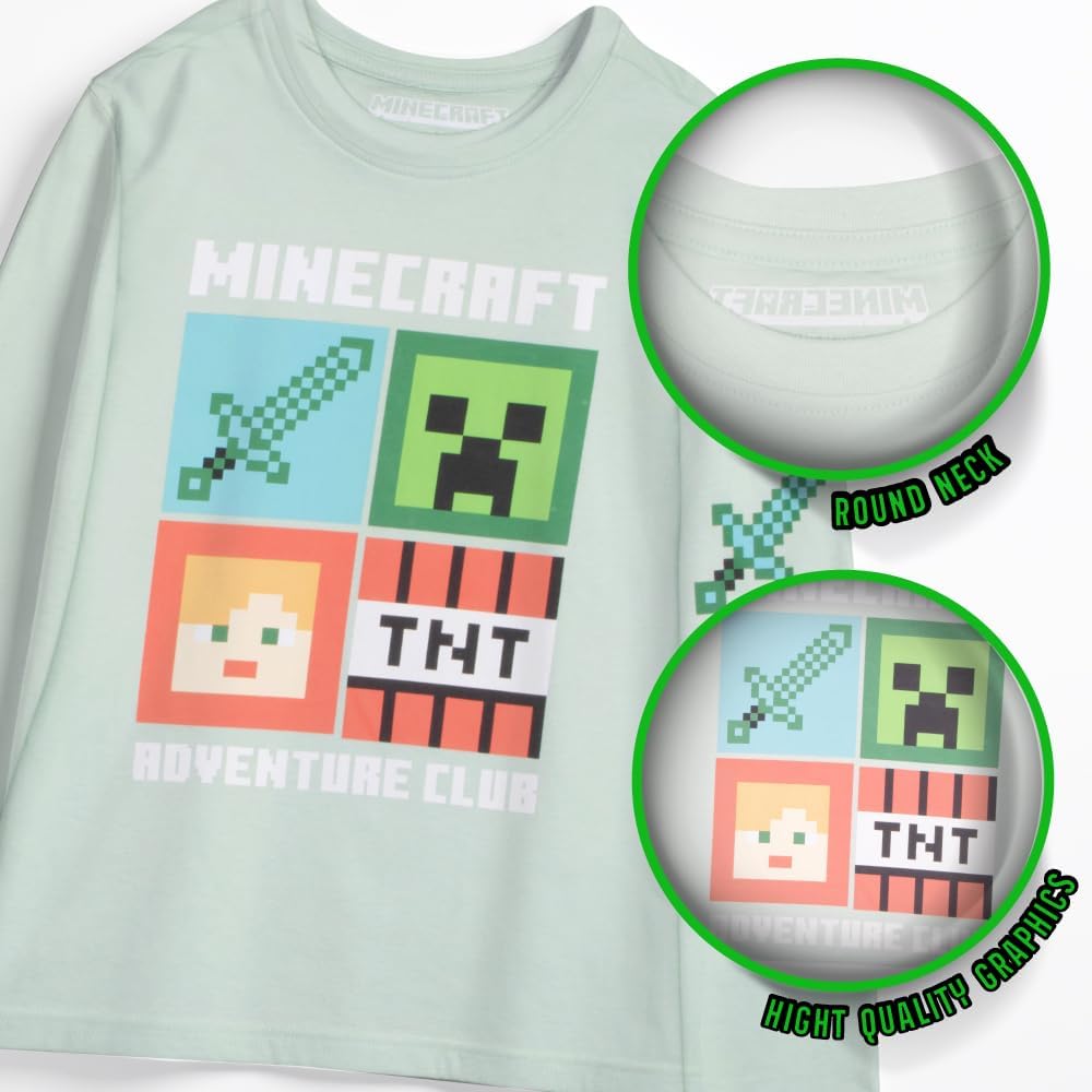 Minecraft Boy's T-Shirt 3-Pack - Long Sleeve, Graphic Print, Soft Cotton, Gaming Tees for Kids