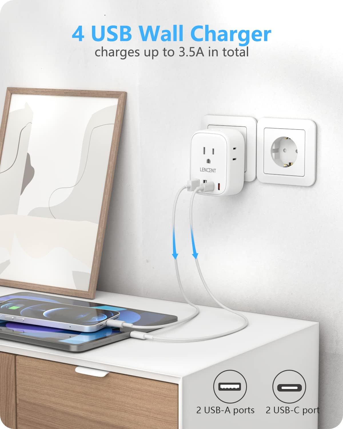 LENCENT European Travel Plug Adapter US to Europe Type-C Foldable Plug