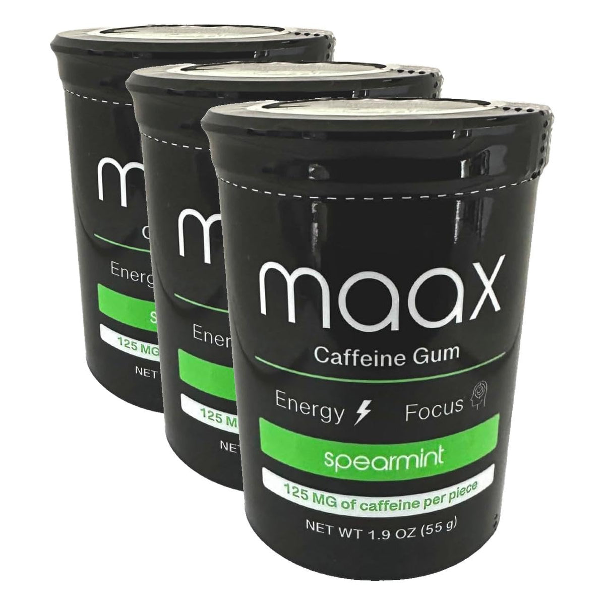 Maax Caffeine Energy Gum | 125mg of caffeine per piece | Spearmint | 25 pieces per container (Pack of 3)