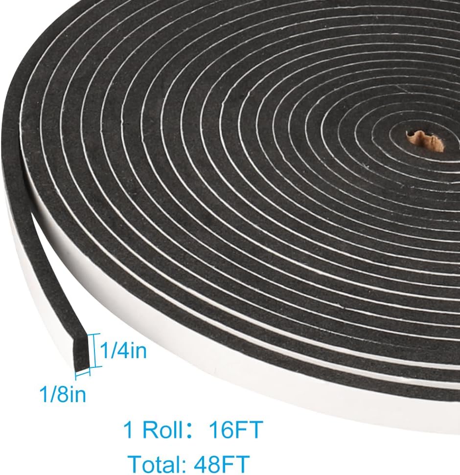 3 Rolls Weather Stripping,1/4 Inch Wide X 1/8 Inch Thick Foam Seal Tape High Density Foam Strip Self Adhesive,Closed Cell Tape Seal Strip,16 Feet Long Each