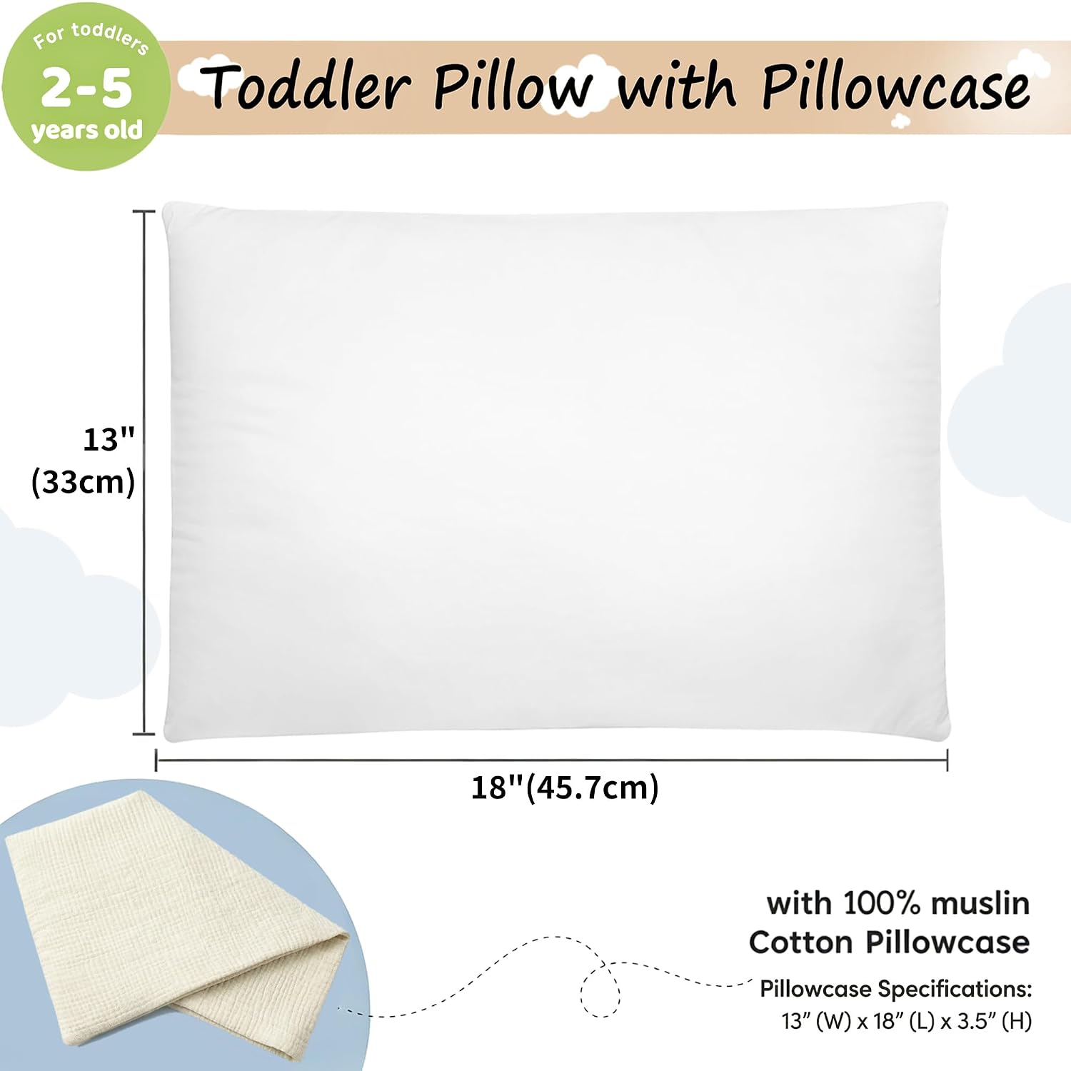 Toddler Pillow with 100% Muslin Cotton Pillowcase, 13x18, Beige