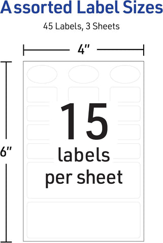 Avery® No-Iron Fabric Labels, Assorted Shapes and Sizes, Washer and Dryer-Safe Waterproof Labels, Non-Printable, 45 Total (40700)
