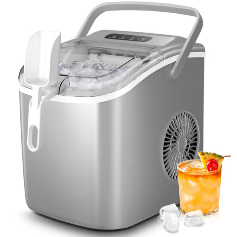 Crzoe Countertop Ice Maker Machine with Handle,26Lbs/24H,9 Cubes Ready in 6 Mins,Self-Cleaning Function with Ice Scoop and Basket for Home/Office(Grey)