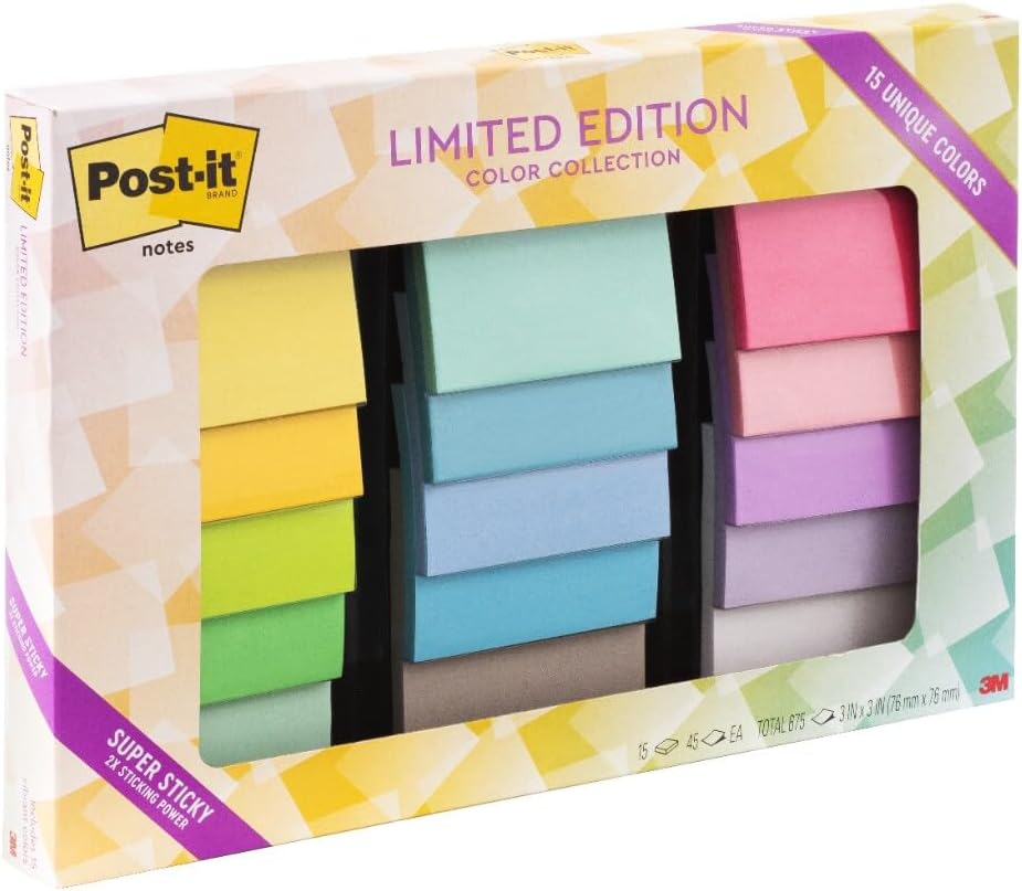 Post-it Super Sticky Notes, 3 x 3 in, Assorted Brights, 15 Pads
