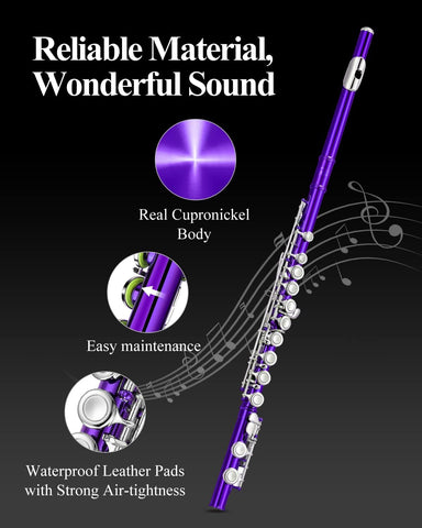 Eastar 16-Key Closed Hole C Flute Kids Beginner, Purple Full Kit, EFL-1Pu