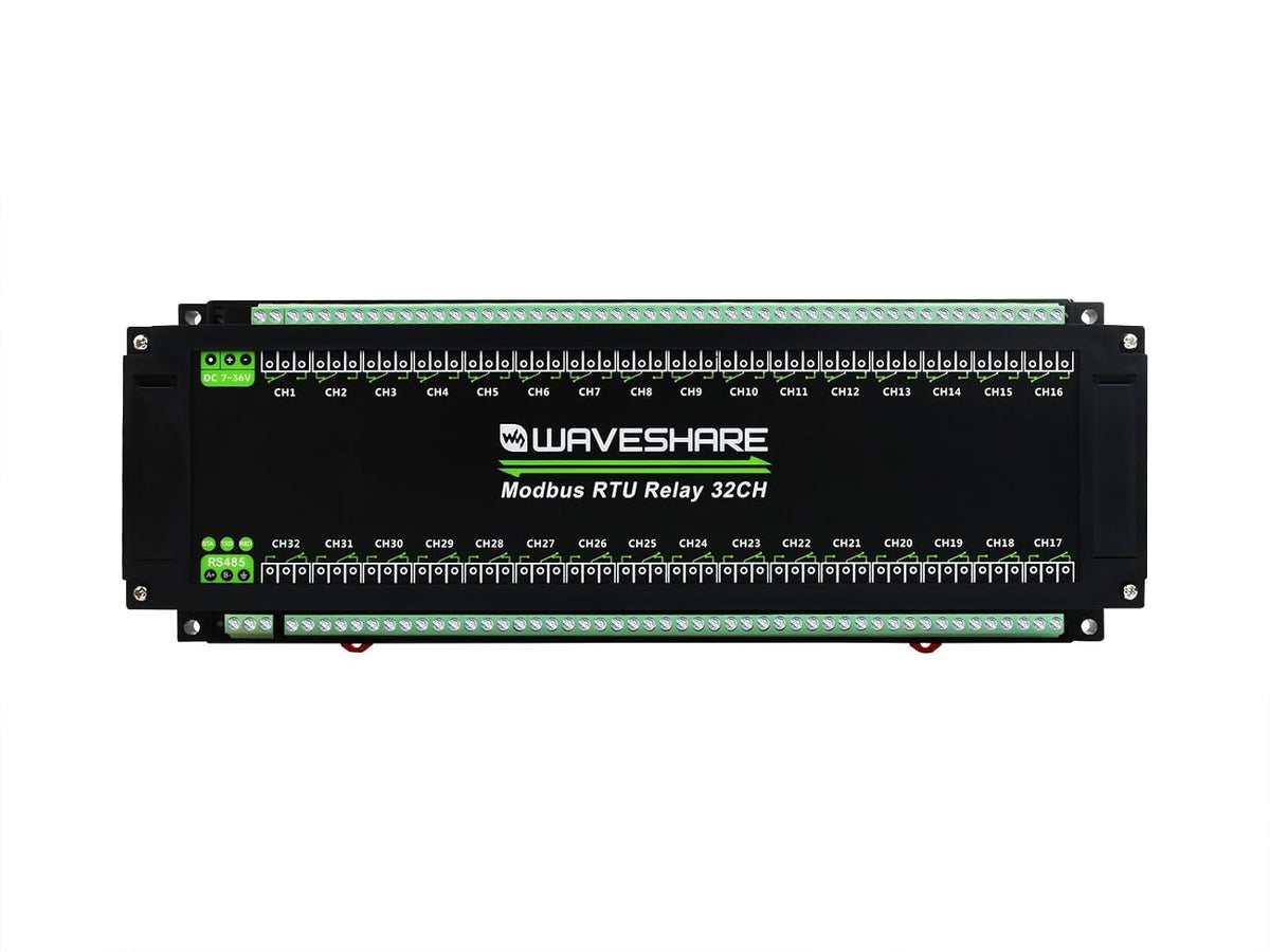 Waveshare Modbus RTU 32-Ch Relay Module, RS485 Interface, with Multiple Isolation Protection Circuits, Industrial-Grade, Rail-Mount Case