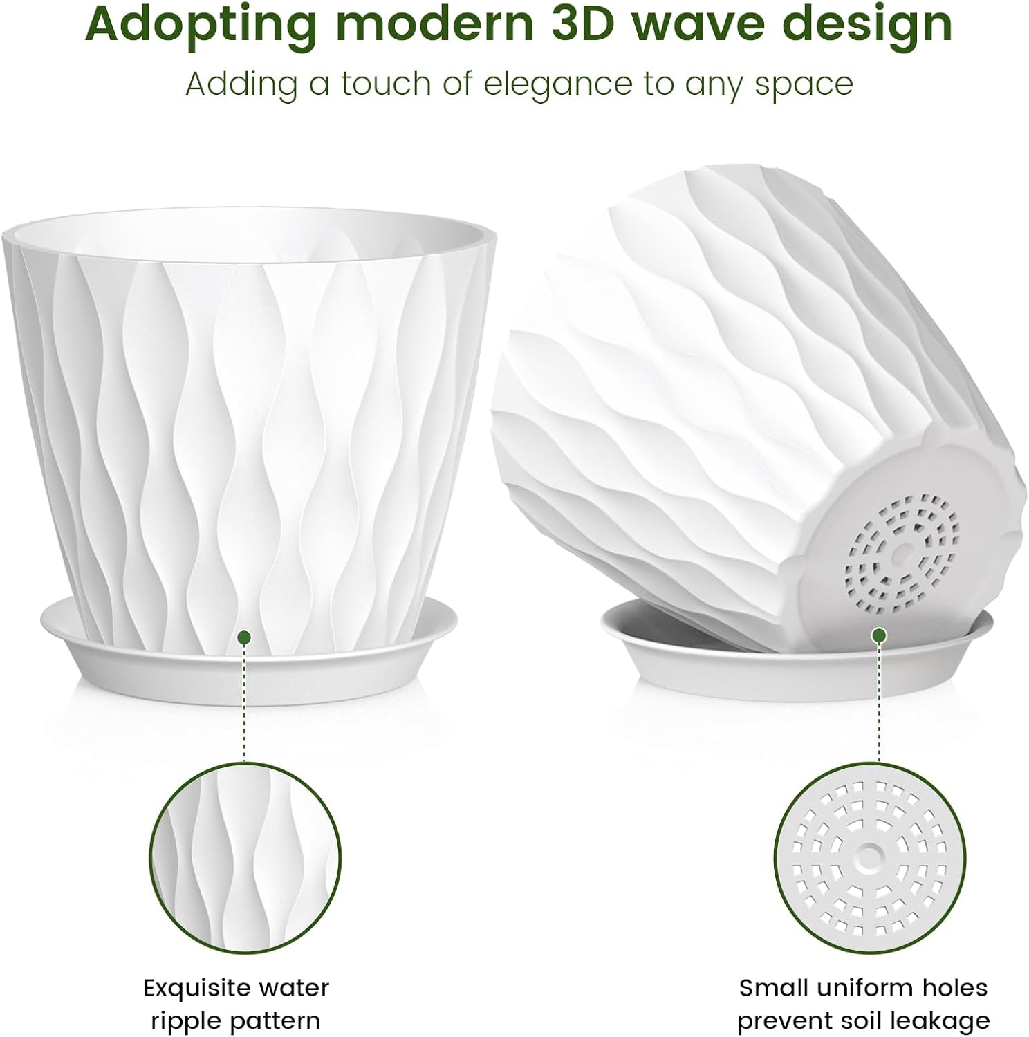 Meowell 7 inch Plant Pots for Indoor Outdoor Plants, 5 Pack Thick Nursery Pots with Drainage Holes and Saucers, 3D Modern Wave Texture Plastic Planter Pots for Flowers and House Plants, White