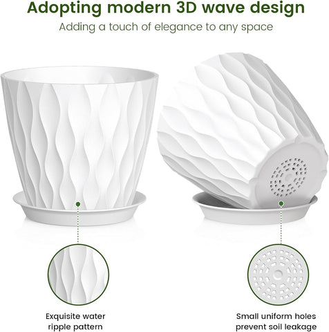 Meowell 7 inch Plant Pots for Indoor Outdoor Plants, 5 Pack Thick Nursery Pots with Drainage Holes and Saucers, 3D Modern Wave Texture Plastic Planter Pots for Flowers and House Plants, White