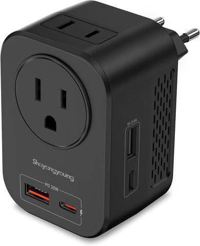 220V to 110V Voltage Converter US to Europe, Travel Adapter with PD 20W USB-C, 2 USB-A Ports, 2 US Outlets, Power Converter Plug for Spain Italy France Germany, Black-M
