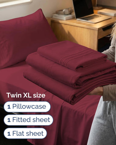 Twin XL 3 Piece Sheet Set - College Dorm Room Essentials - Burgundy