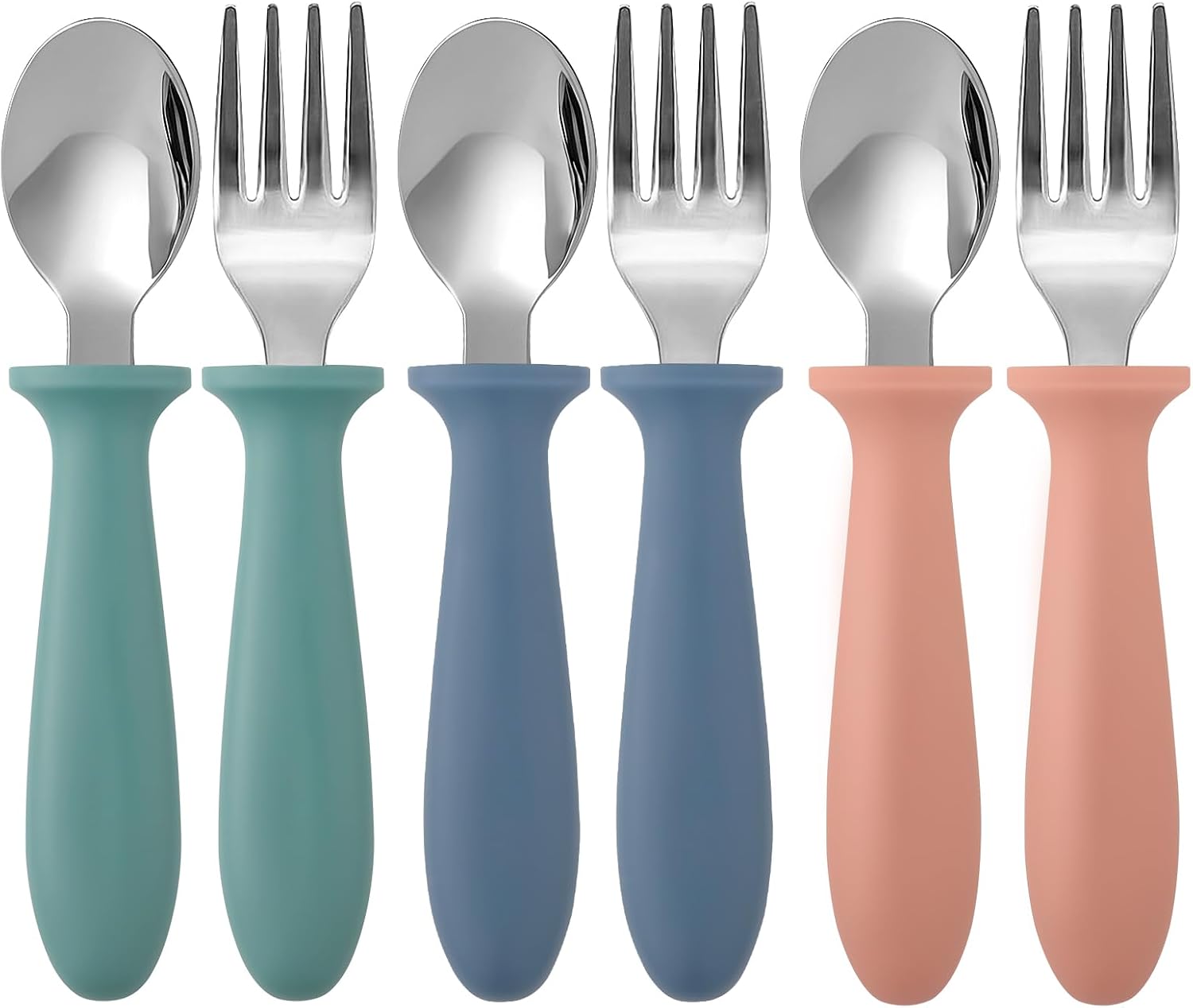 Toddler Flatware Sets 12 Piece Dark Kids Forks and Spoons Stainless Steel Utensils with Easy Grip Handles for Self Feeding Baby Children Boys Girls