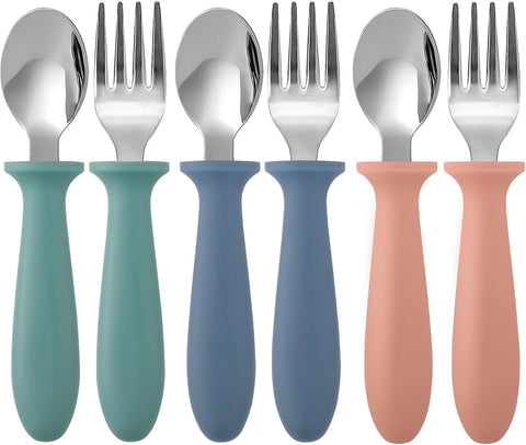 Toddler Flatware Sets 12 Piece Dark Kids Forks and Spoons Stainless Steel Utensils with Easy Grip Handles for Self Feeding Baby Children Boys Girls