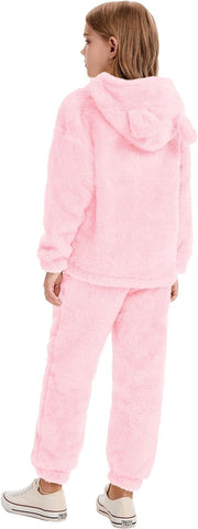 Flygo Girls Fuzzy Pants Set Crop Hoodie and Fleece Pants Sweatsuit