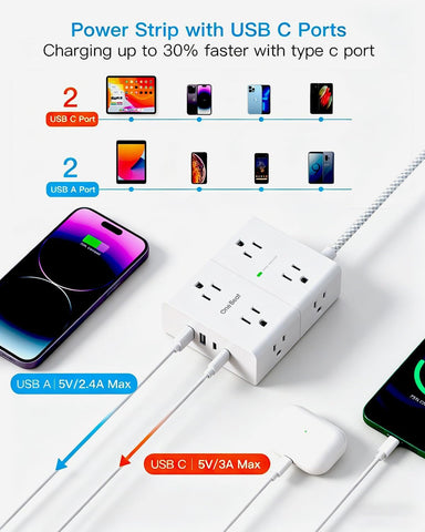 One Beat Flat Plug Surge Protector Power Strip, 6 Ft Flat Extension Cord