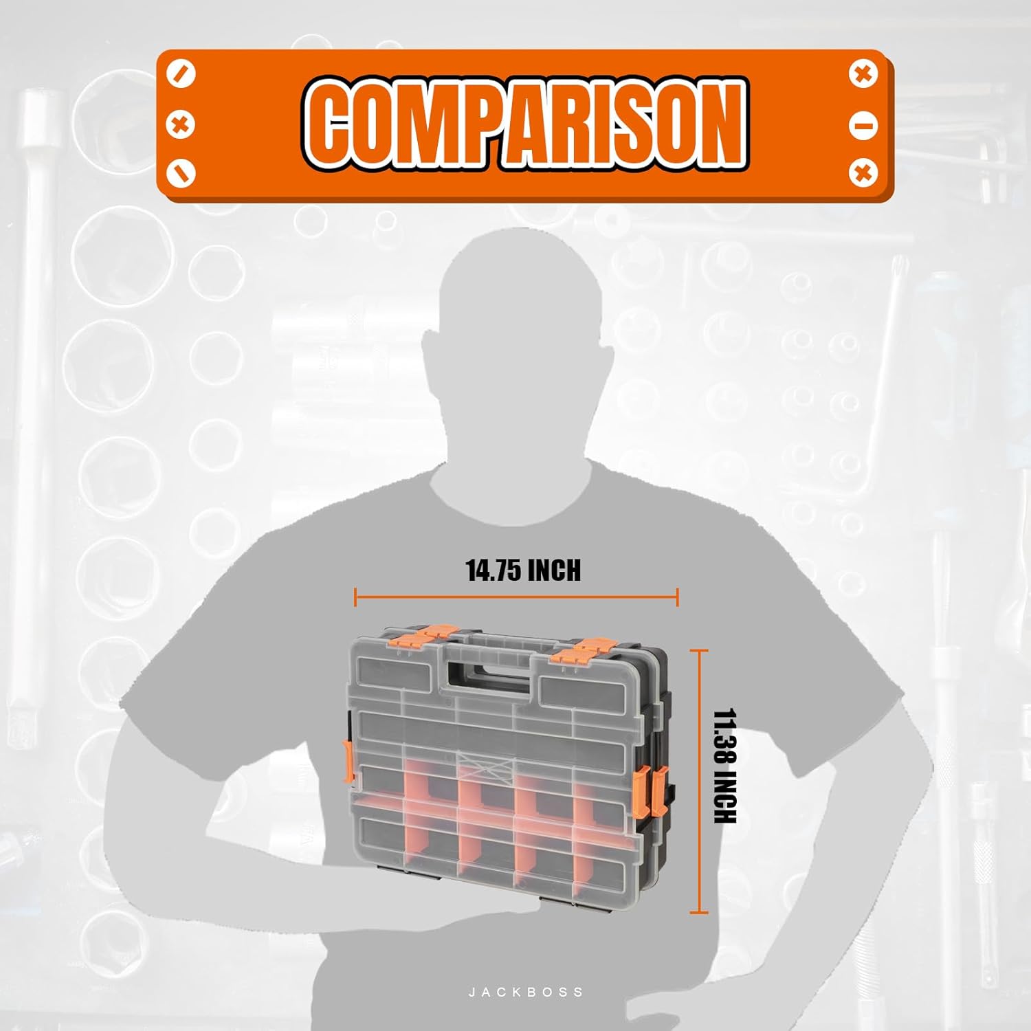 Jack Boss Tool Box with Transparent Lid, Single Side 17-Compartments Organizer Box with Removable Dividers for Hardware, Screws, Bolts, Nails, Beads, Jewelry and Fishing Accessories, Orange, 2 Pack