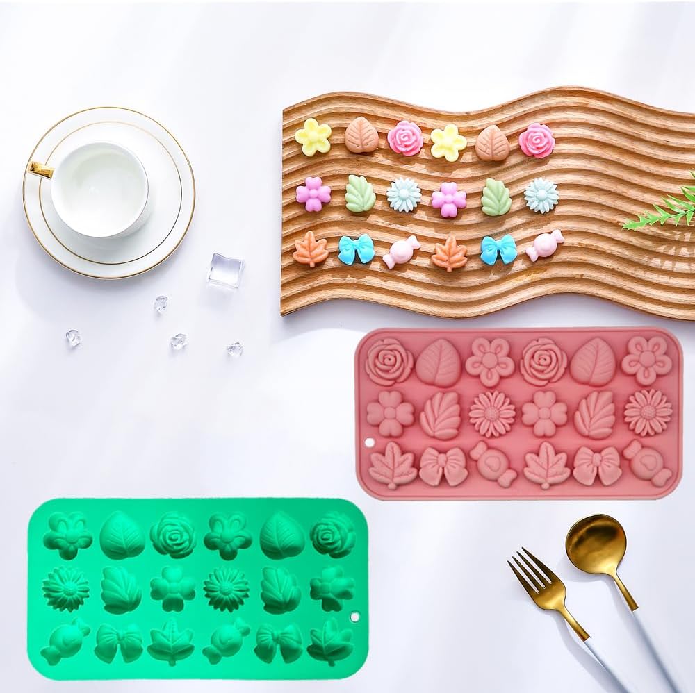 Candy Molds Silicone - 2Pcs Silicone Gummy Daisy Flower/Tulip Flower/Bow Tie/Leaf Candy Mold for Candy Chocolate Gummy Jello Baking Soap Pudding Cookie Desserts Making