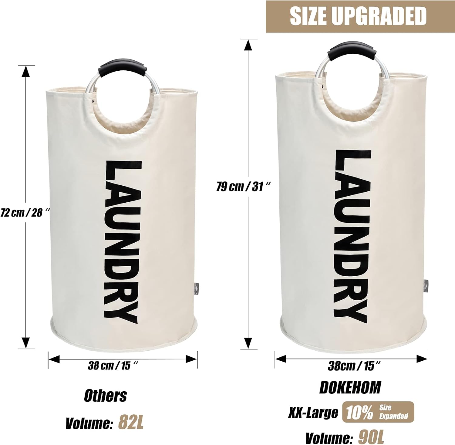 DOKEHOM 90L Large Laundry Basket Bag, Collapsible Tall Hamper, Beige