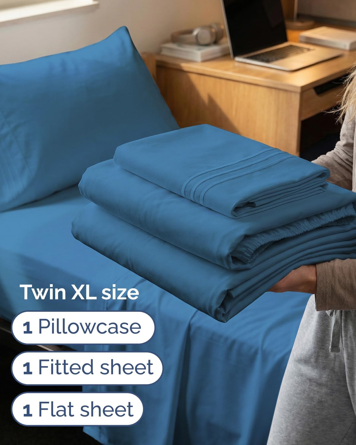 Twin XL 3 Piece Sheet Set - College Dorm Room Essentials - Denim Blue