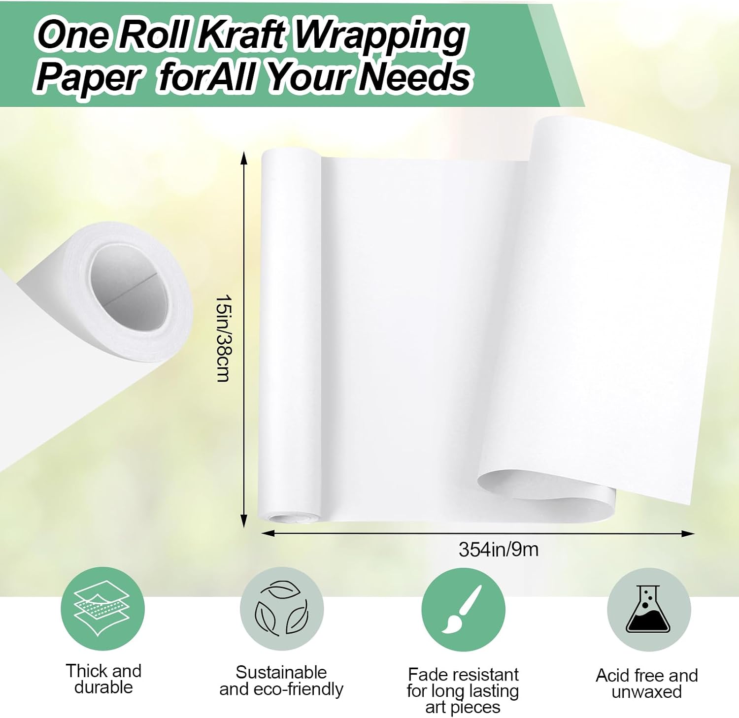 Phinus Craft Paper Roll 15''×354'', Industrial-Grade Kraft Paper Roll, White Easel Paper Roll for Kids for Moving, Gift Wrapping, Wall Art, Tab